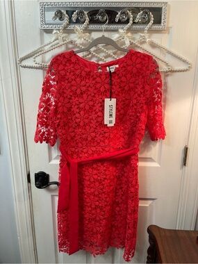 STYLEWE Red Floral Lace Belted Mini Dress